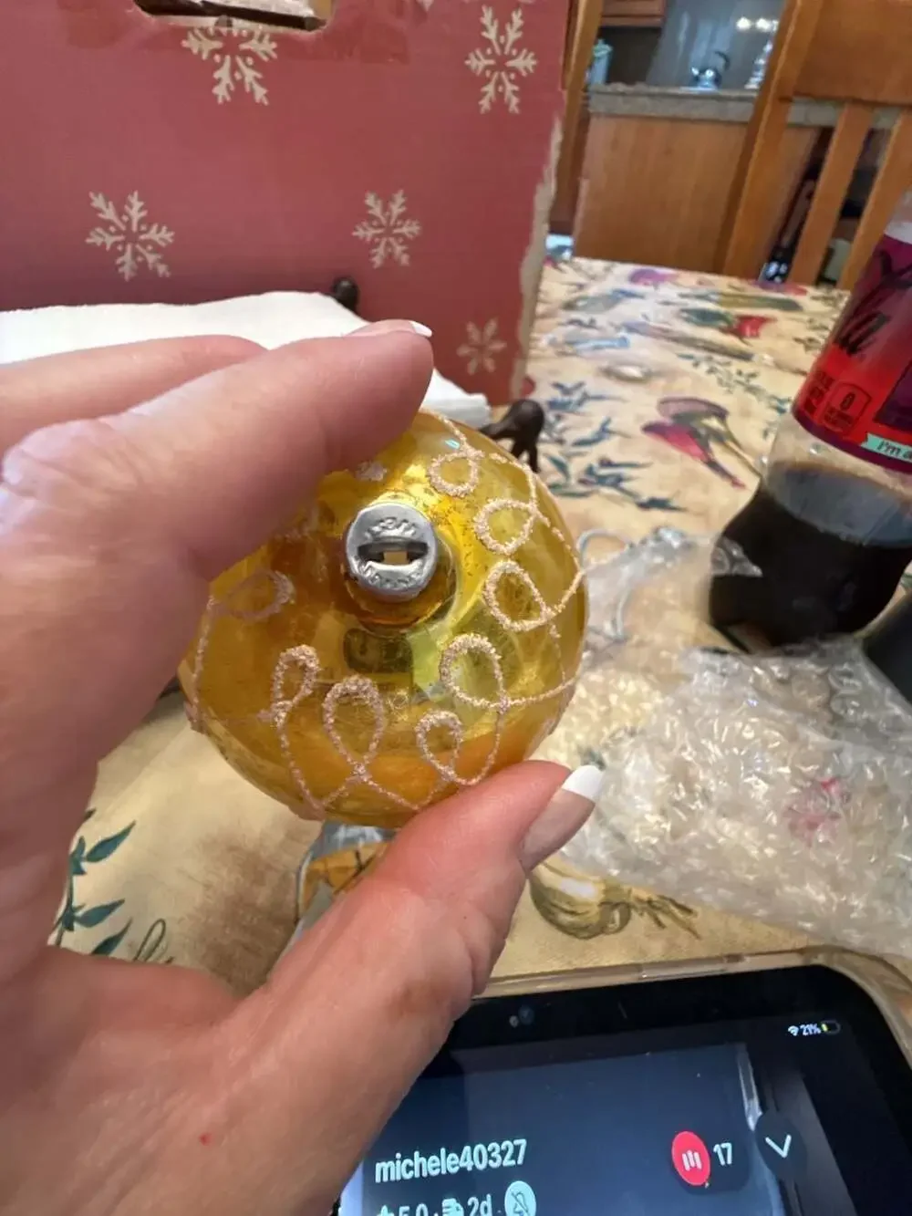 Vtg West Germany Mercury Glass Ornament Yellow Gold Glitter Swirl